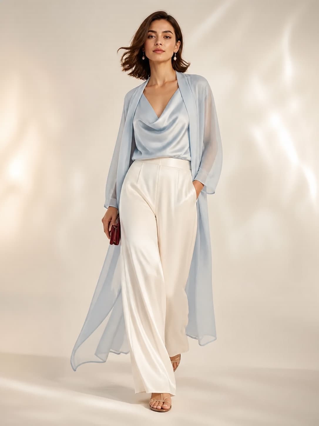 Woman in a mist-blue draped top and flowing porcelain resort trousers
