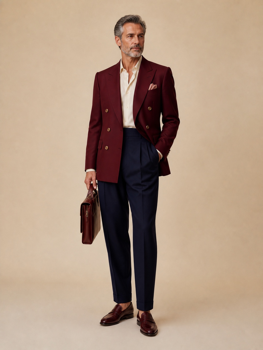Man in a claret double-breasted blazer, cream shirt, and navy pleated trousers
