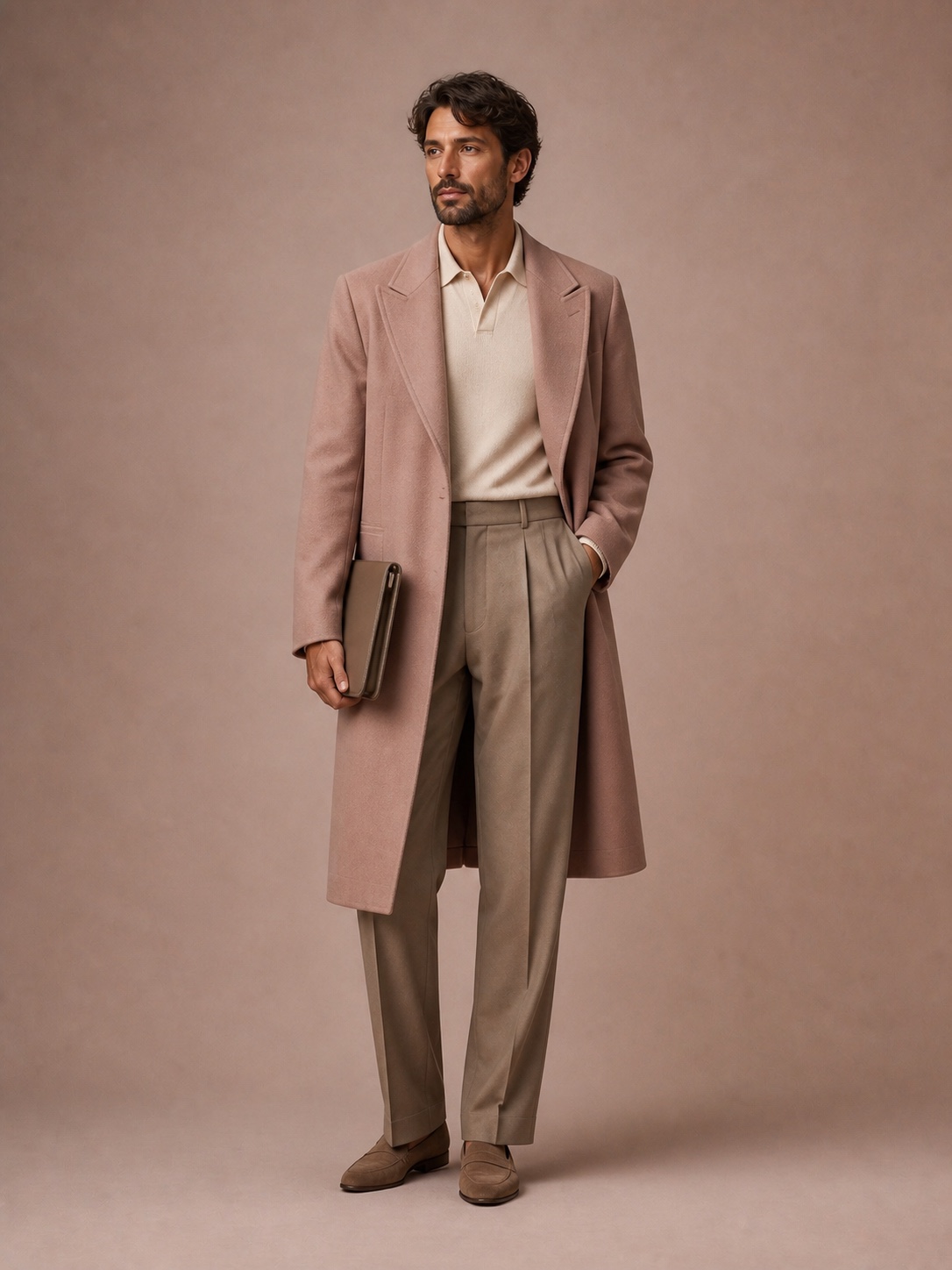 Man in a rose-stone cashmere coat with cream knitwear and taupe pleated trousers