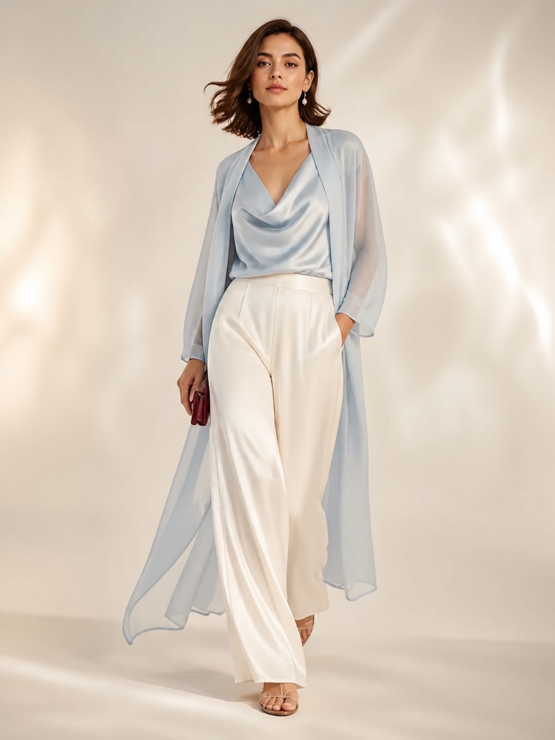 Woman in a mist-blue draped top and flowing porcelain resort trousers